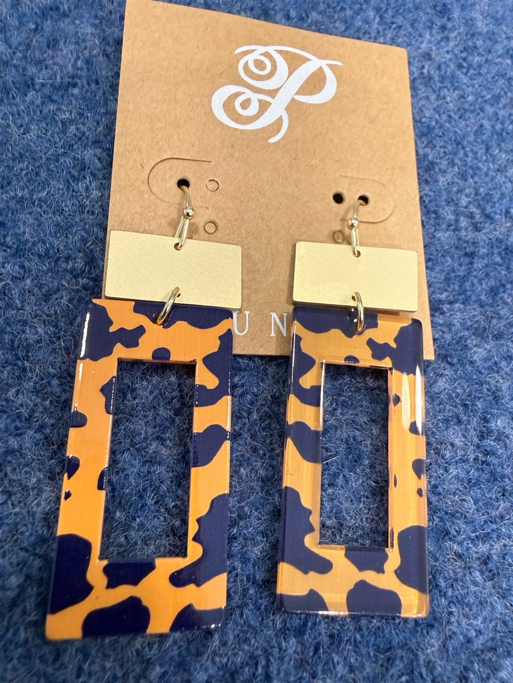 Plunder dangle earrings orange purple leopard print rectangles